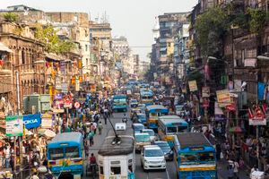 Tram, buses & traffic, central Kolkata, West Bengal, India