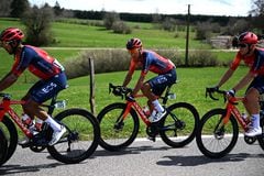 LA CHAUX-DE-FONDS, SWITZERLAND - APRIL 27: (L-R) Brandon Rivera of Colombia, Egan Bernal of Colombia and Cameron Wurf of Australia and Team INEOS Grenadiers compete during the 76th Tour De Romandie 2023, Stage 2 a 162.7km stage from Morteau to La Chaux-de-Fonds / #UCIWT / on April 27, 2023 in La Chaux-de-Fonds, Switzerland. (Photo by Dario Belingheri/Getty Images)