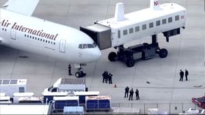 Un avión que transportaba a algunos de los más de 200 presos políticos liberados de Nicaragua y trasladados a los Estados Unidos, se encuentra en una puerta del Aeropuerto Internacional Dulles en Virginia, en las afueras de Washington, EE. UU., en esta imagen fija tomada de un video el 9 de febrero de 2023.