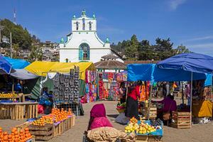 Market day in front of the Spanish colonial church of San Juan. Templo de San Juan Chamula in the town San Juan Chamula, Chiapas, southern Mexico. (Photo by: Marica van der Meer/Arterra/Universal Images Group via Getty Images)
