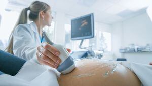 En el hospital, la toma de primer plano del médico realiza un procedimiento de ultrasonido/sonograma a una mujer embarazada. Transductor móvil obstétrico en el vientre de la futura madre.