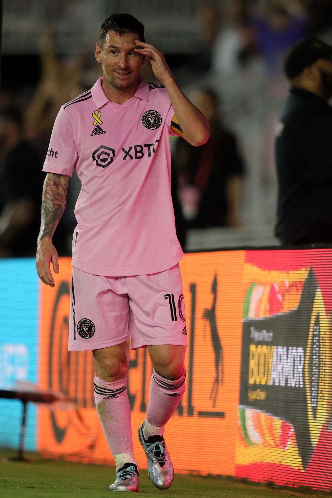 Sep 20, 2023; Fort Lauderdale, Florida, USA; Inter Miami forward Lionel Messi (10) walks off the field after being substituted out during the first half against the Toronto FC at DRV PNK Stadium. Mandatory Credit: Sam Navarro-USA TODAY Sports