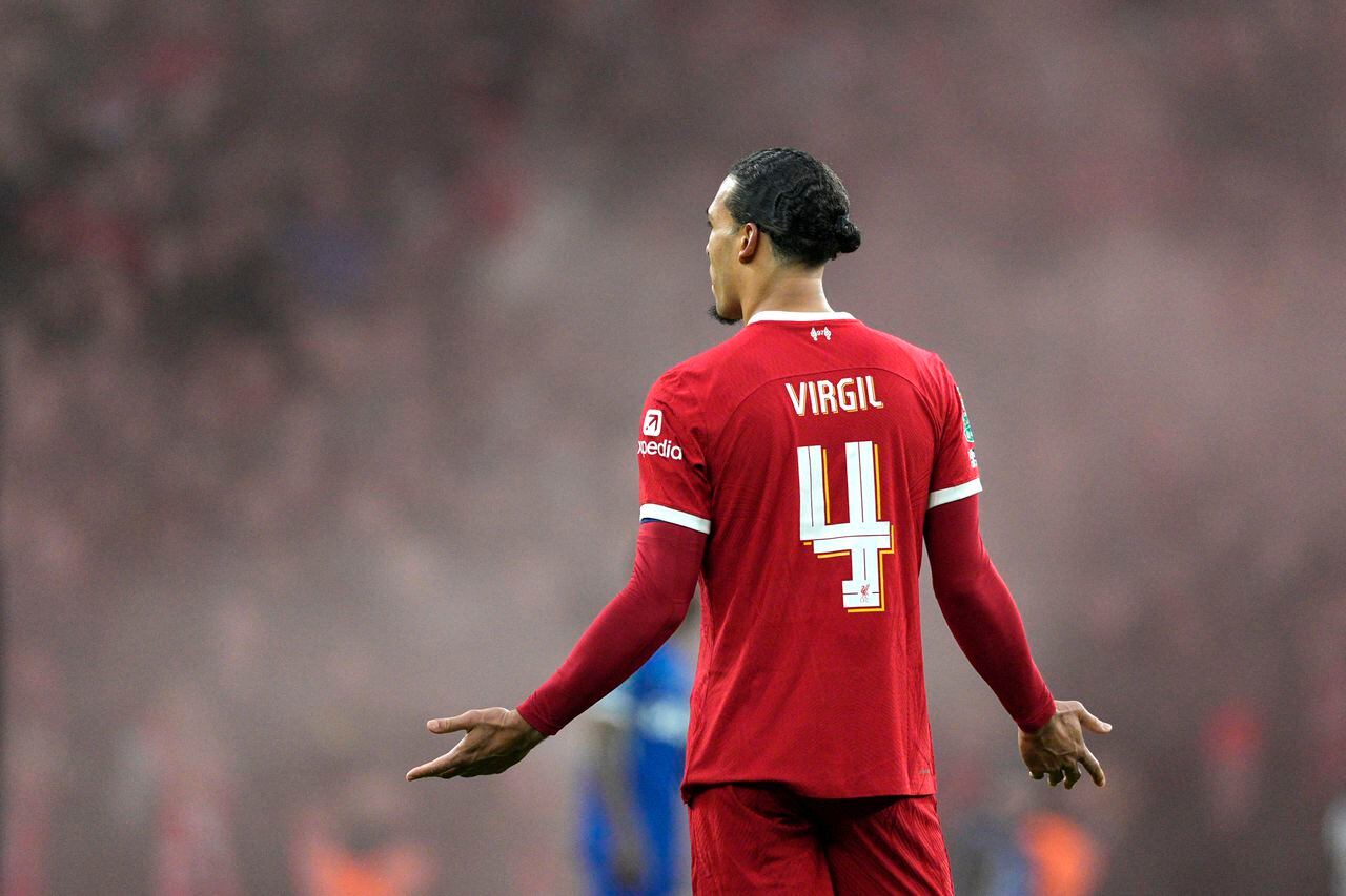 Liverpool's Virgil van Dijk reacts during the English League Cup final soccer match between Chelsea and Liverpool at Wembley Stadium in London, Sunday, Feb. 25, 2024. (AP Photo/Dave Shopland)