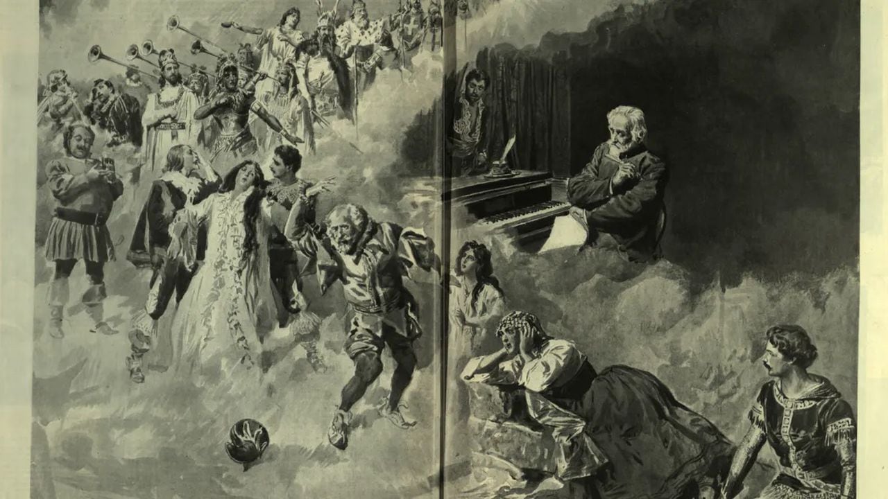 Il maestro Giuseppe Verdi e le opere, una composición de Edoardo Matania para L'Illustrazione italiana, año XXVIII, nº 5, 3 de febrero de 1901.