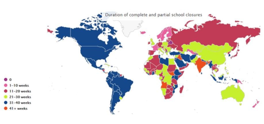 La Unesco publicó el mapa que muestra qué tantas clases del año académico se perdieron en los diferentes países.