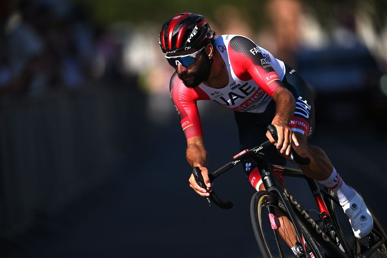WEIMAR, GERMANY - AUGUST 24: Fernando Gaviria Rendon of Colombia and UAE Team Emirates sprints during the 37th Deutschland Tour 2022, Prologue a 2,6km individual time trial from Weimar to Weimar / #DeineTour / on August 24, 2022 in Weimar, Germany. (Photo by Stuart Franklin/Getty Images,)