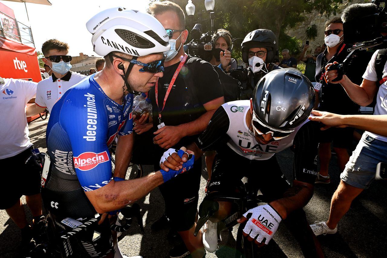 TARRAGONA, SPAIN - AUGUST 29: (L-R) Stage winner Kaden Groves of Australia and Team Alpecin-Deceuninck and the second classified Juan Sebastian Molano Benavides of Colombia and UAE Team Emirates congratulate each other after the 78th Tour of Spain 2023, Stage 4 a 184.6km stage from Andorra la Vella to Tarragona / #UCIWT / on August 29, 2023 in Tarragona, Spain. (Photo by Tim de Waele/Getty Images)