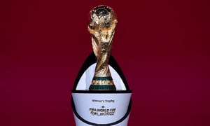 ZURICH, SWITZERLAND - DECEMBER 07: In this handout provided by FIFA The World Cup Trophy is seen prior to the Preliminary Draw of the 2022 Qatar FIFA World Cup on December 07, 2020 in Zurich, Switzerland. (Photo by Getty Images/FIFA/FIFA)