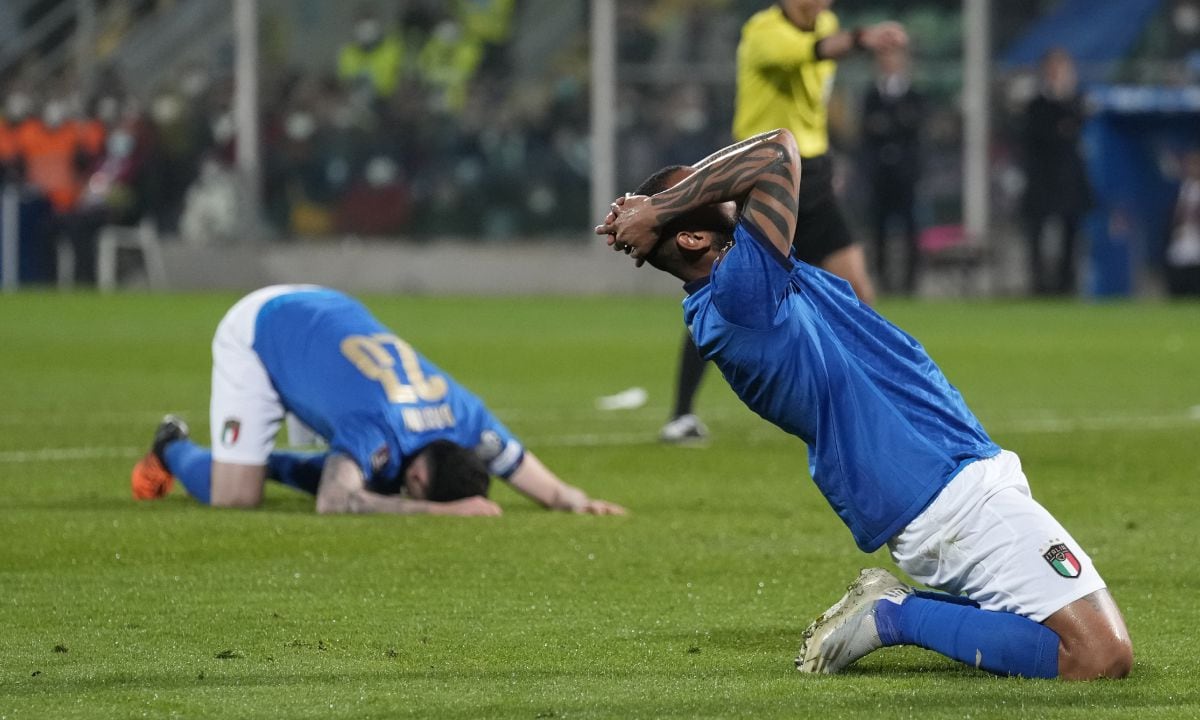 Italy's Joao Pedro reacts after missing a scoring chance in the World Cup qualifying play-offsoccer match between Italy and North Macedonia, at Renzo Barbera stadium, in Palermo, Italy, Thursday, March 24, 2022. North Macedonia won 1-0. (AP/Antonio Calanni)