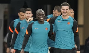 Chelsea's N'Golo Kante, left, and Chelsea's Mason Mount laugh during a training session in Abu Dhabi, United Arab Emirates, Tuesday, Feb. 8, 2022. Chelsea will play the Club World Cup semifinal soccer match against Al Hilal in Abu Dhabi on February 09. (AP/Hassan Ammar)
