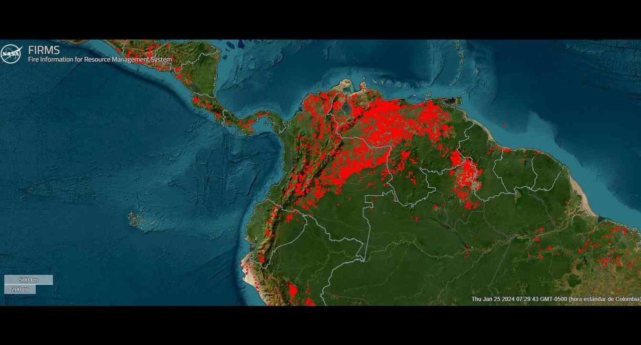 Mapa de la Nasa expone los puntos de calor en el territorio colombiano en medio de la emergencia por los incendios forestales.