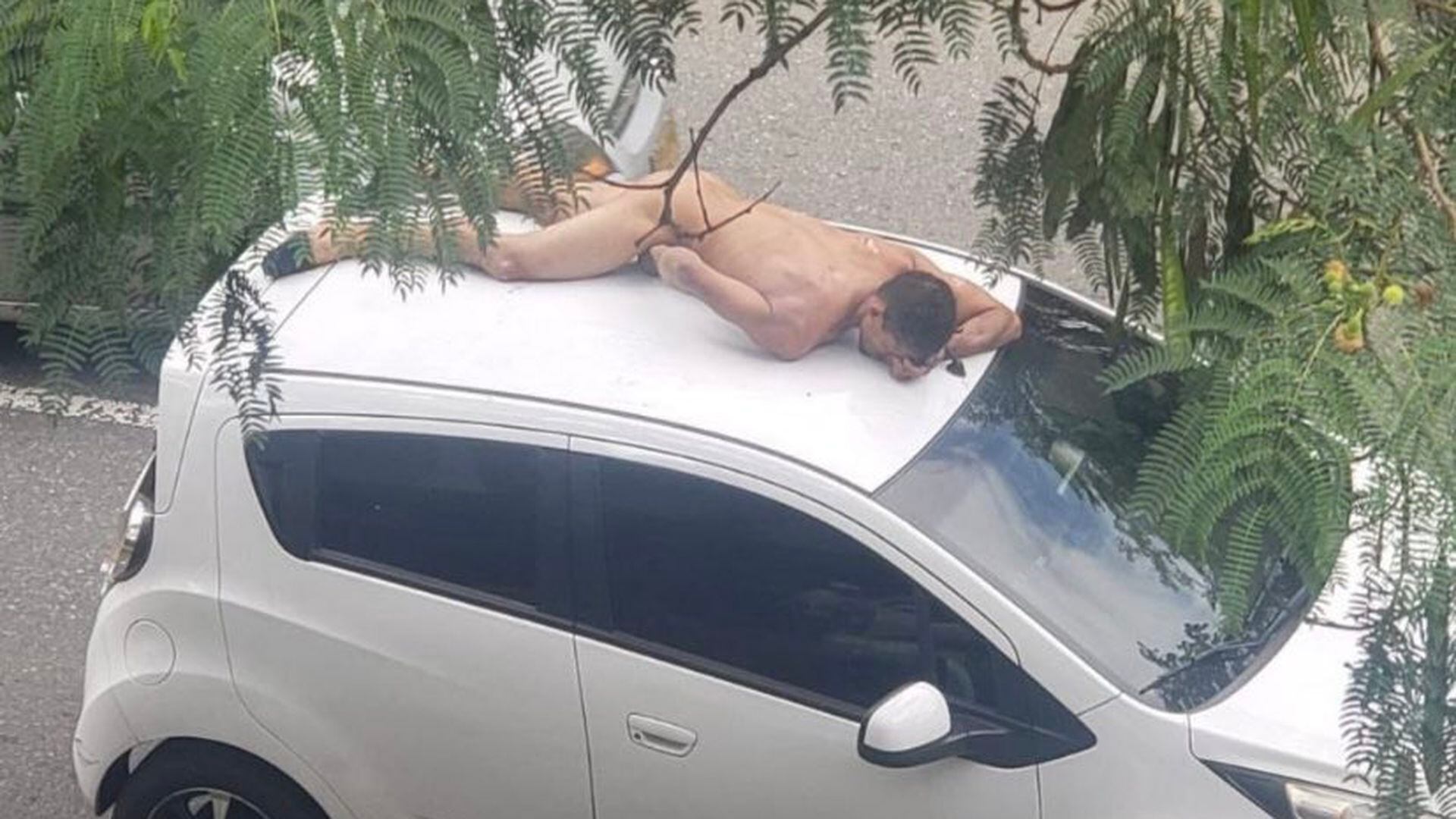 Como Dios lo trajo al mundo, un hombre se subió desnudo al techo de un carro  en Medellín