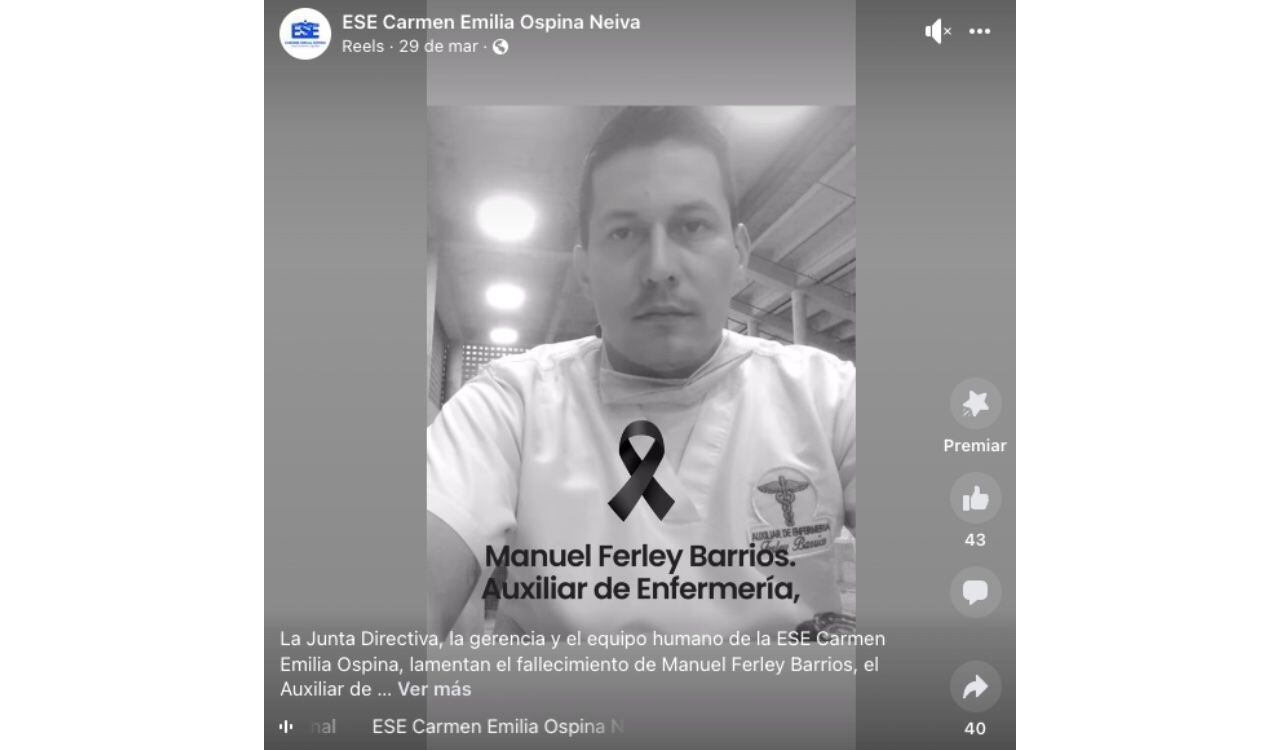 Así fue el video que publicaron en la página de Facebook oficial de la ESE Carmen Emilia Ospina de Neiva homenajeando a Manuel Ferley Barrios