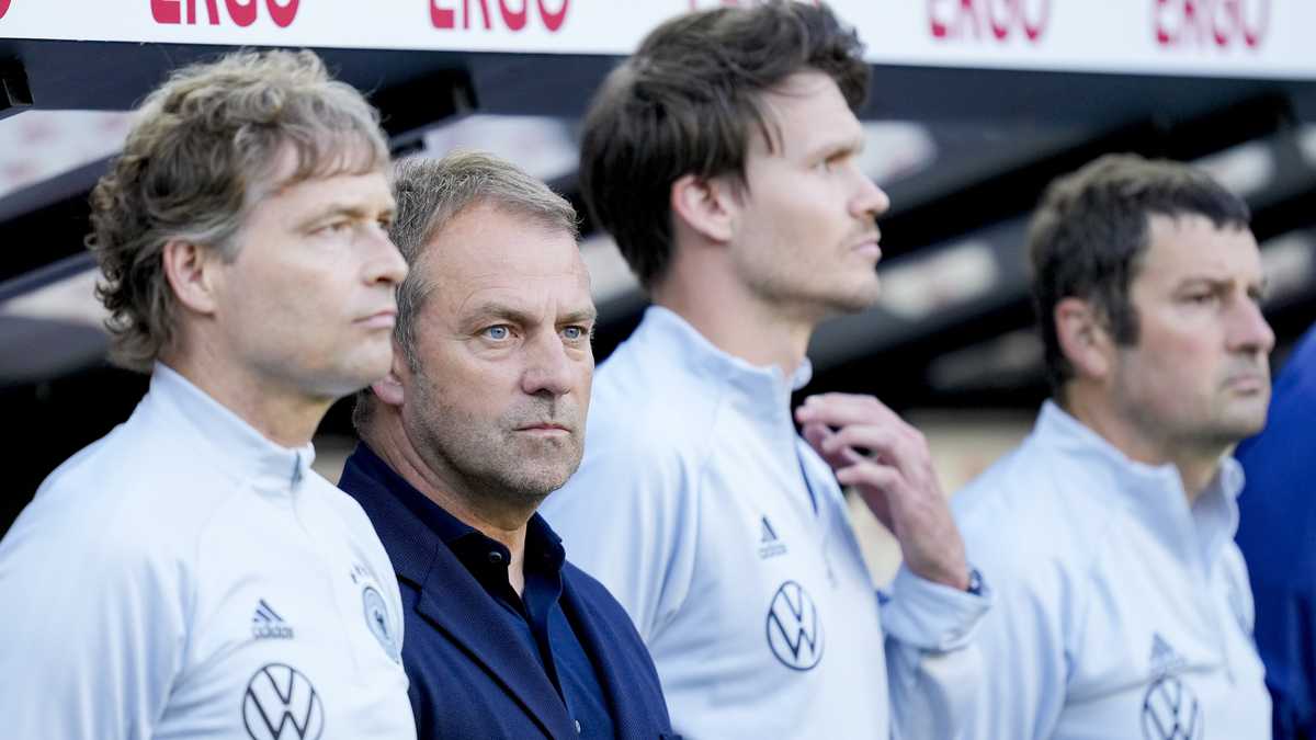 MOENCHENGLADBACH, GERMANY - JUNE 14: head coach Hans-Dieter Flick of Germany looks on prior to the UEFA Nations League League A Group 3 match between Germany and England at Borussia Park Stadium on June 14, 2022 in Moenchengladbach, Germany. (Photo by Alex Gottschalk/DeFodi Images via Getty Images)