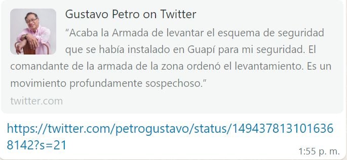 Gustavo Petro trinó denunciando que le habían quitado el esquema de seguridad en Cauca, pero minutos después borró la publicación.