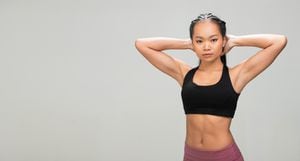 Asian Tan Skin Fitness woman exercise warm up stretch arms legs wear Black sport bra mulberry purple pants, studio lighting gray background copy space, concept Woman Can Do Sport 6 packs