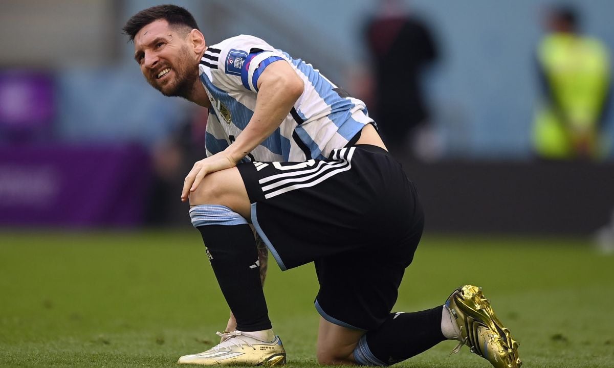 Argentina's Lionel Messi reacts during the World Cup group C soccer match between Argentina and Saudi Arabia at the Lusail Stadium in Lusail, Qatar, Tuesday, Nov. 22, 2022. (AP/Fabio Ferrari/LaPresse )