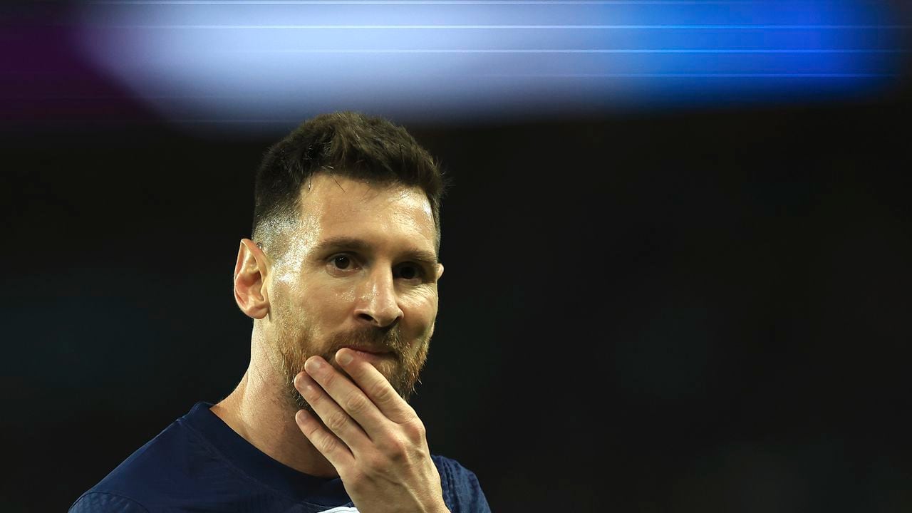 PSG's Lionel Messi reacts during the French League One soccer match between Paris Saint-Germain and Nice at the Parc des Princes in Paris, Saturday, Oct. 1, 2022. (AP Photo/Aurelien Morissard)
