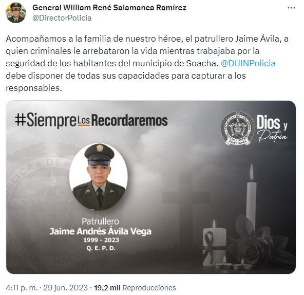 General William René Salamanca sobre asesinato del patrullero Jaime Ávila