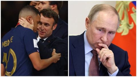 El presidente fe Francia, Emmanuel Macron, consolando a uno de los jugadores galos. A la derecha una imagen de referencia del presidente ruso, Vladímir Putin.