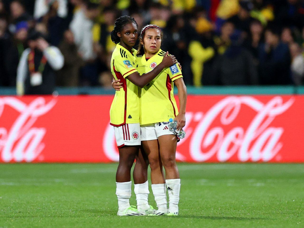 Soccer Football - FIFA Women’s World Cup Australia and New Zealand 2023 - Group H - Morocco v Colombia - Perth Rectangular Stadium, Perth, Australia - August 3, 2023 Colombia's Leicy Santos and Linda Caicedo celebrate after the match as Colombia qualify for the knockout stages of the World Cup REUTERS/Luisa Gonzalez