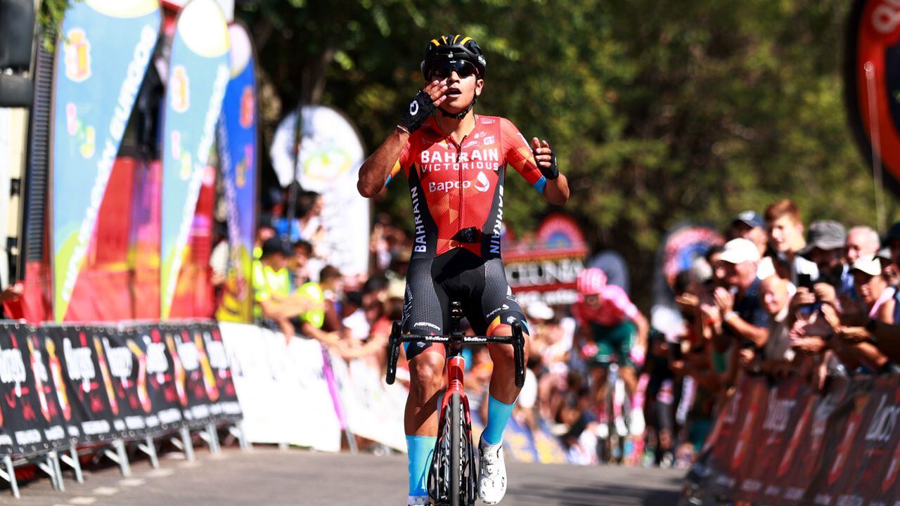 BURGOS, SPAIN - AUGUST 02: Santiago Buitrago Sanchez of Colombia and Team Bahrain Victorious celebrates winning during the 44th Vuelta a Burgos 2022- Stage 1 a 157km stage from Catedral de Burgos to Mirador del Castillo, Burgos / #VueltaBurgos / on August 02, 2022 in Burgos, Spain. (Photo by Getty Images/Gonzalo Arroyo Moreno)