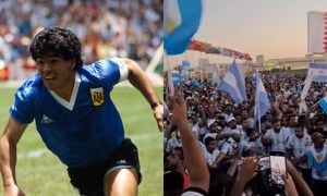 Hinchas se llevan retrato de Maradona al Mundial.