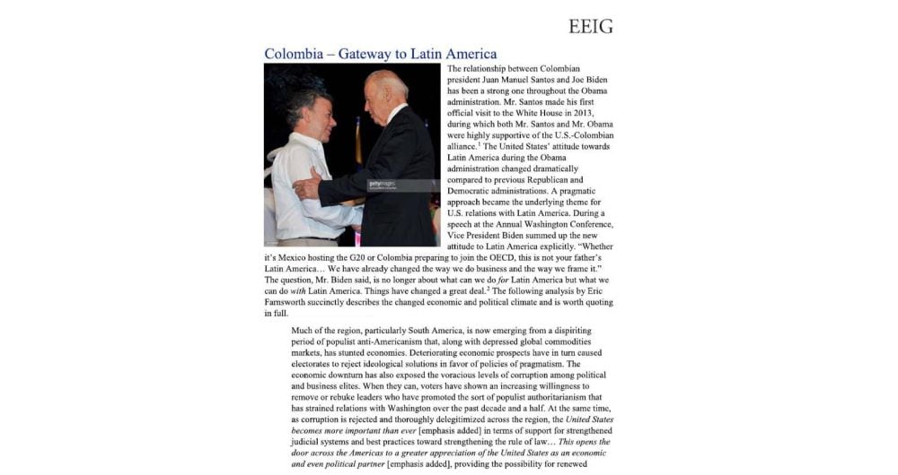 El informe que menciona al expresidente Juan Manuel Santos y al candidato Joe Biden