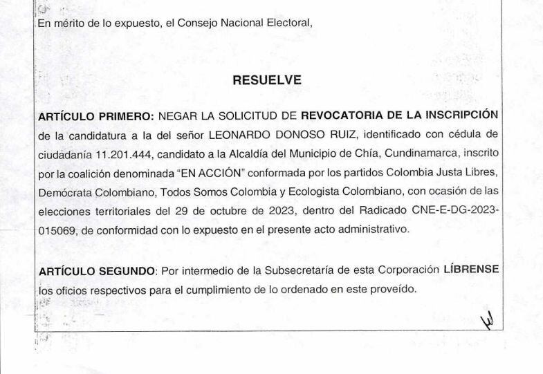 Resolución del Consejo Nacional Electoral sobre candidatura de Leonardo Donoso a la Alcaldía de Chía