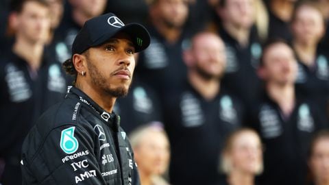 ABU DHABI, UNITED ARAB EMIRATES - NOVEMBER 17: Lewis Hamilton of Great Britain and Mercedes looks on during the Mercedes end of season photo during previews ahead of the F1 Grand Prix of Abu Dhabi at Yas Marina Circuit on November 17, 2022 in Abu Dhabi, United Arab Emirates. (Photo by Bryn Lennon - Formula 1/Formula 1 via Getty Images)