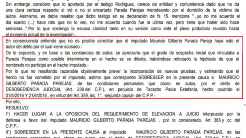 Uno de los sobreseimientos dictados por la Justicia tucumana a una de las 13 denuncias realizadas por Paola Tacacho contra Mauricio Parada Parejas por acoso.