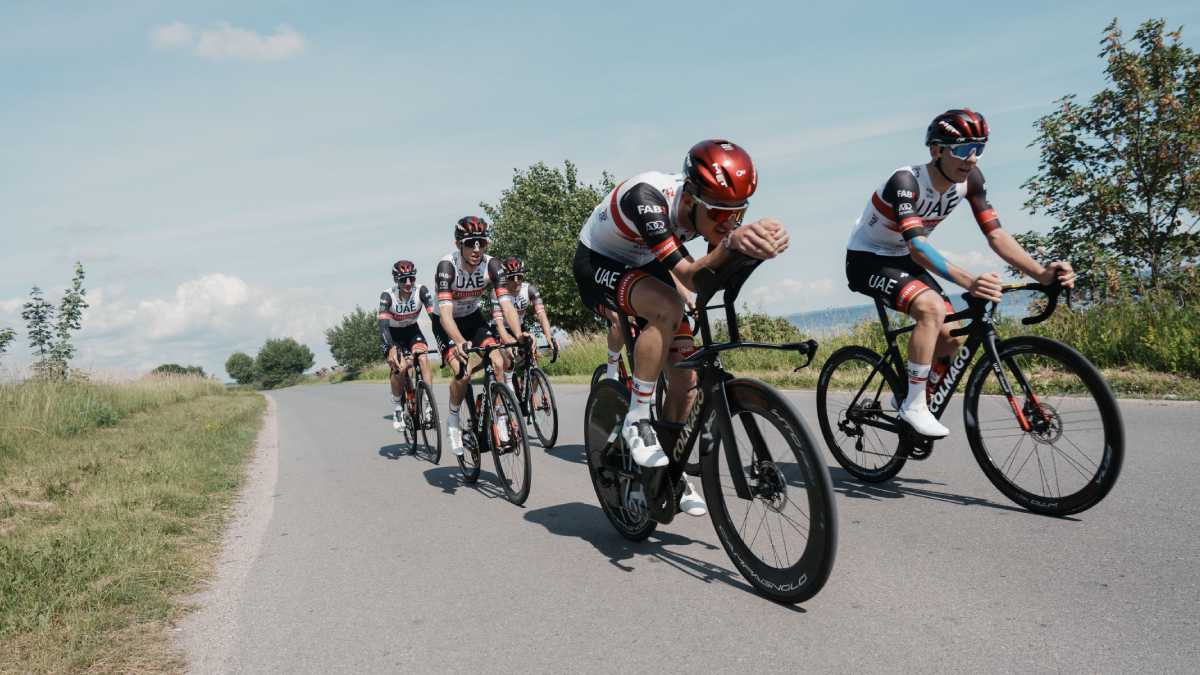 Slovenia's Tadej Pogacar, front right, and his teammates ride during a training near Copenhagen, Denmark, Wednesday, June 29, 2022. (AP/Thibault Camus)