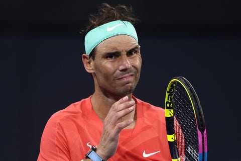 BRISBANE, AUSTRALIA - JANUARY 05: Rafael Nadal of Spain looks on in his match against Jordan Thompson of Australia  during day six of the  2024 Brisbane International at Queensland Tennis Centre on January 05, 2024 in Brisbane, Australia. (Photo by Chris Hyde/Getty Images)