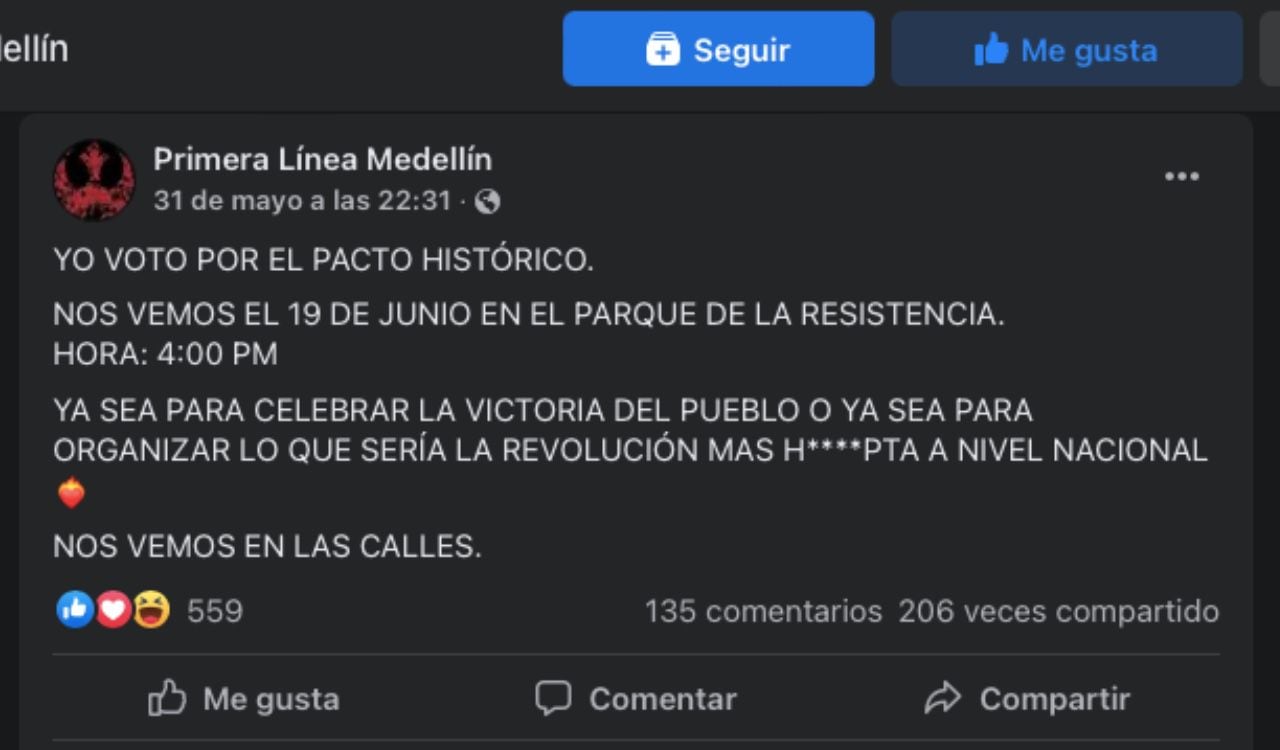 Esto dice el mensaje publicado por la Primera Línea Medellín en su página de Facebook