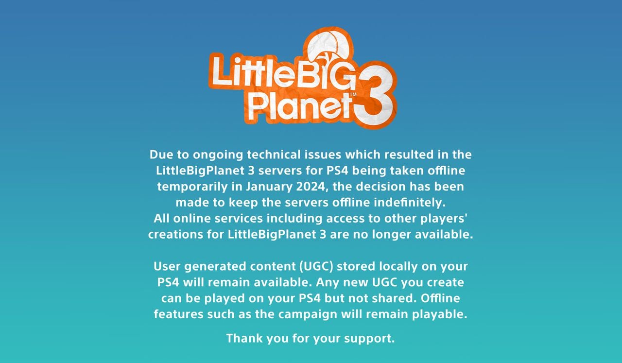 Little Big Planet 3 cerrará sus servidores, sus jugadores no podrán volver a acceder al juego nunca más.