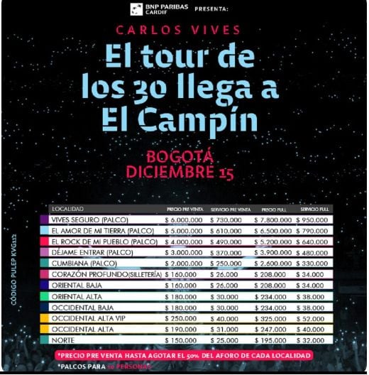 Precios de boletería para el concierto de Carlos Vives en Bogotá.
