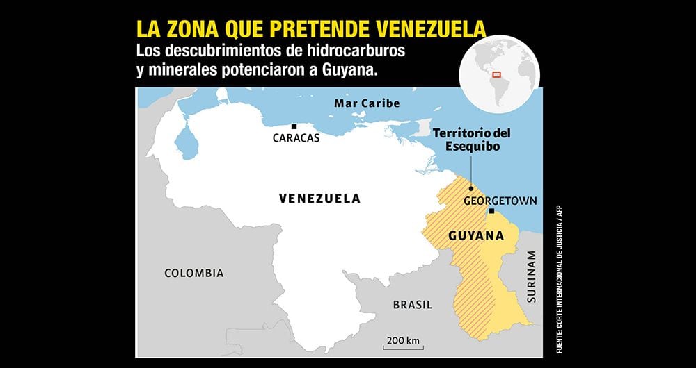Gráfico sobre la disputa entre Venezuela y Guyana por la región del Esequibo, rica en petróleo y oro.