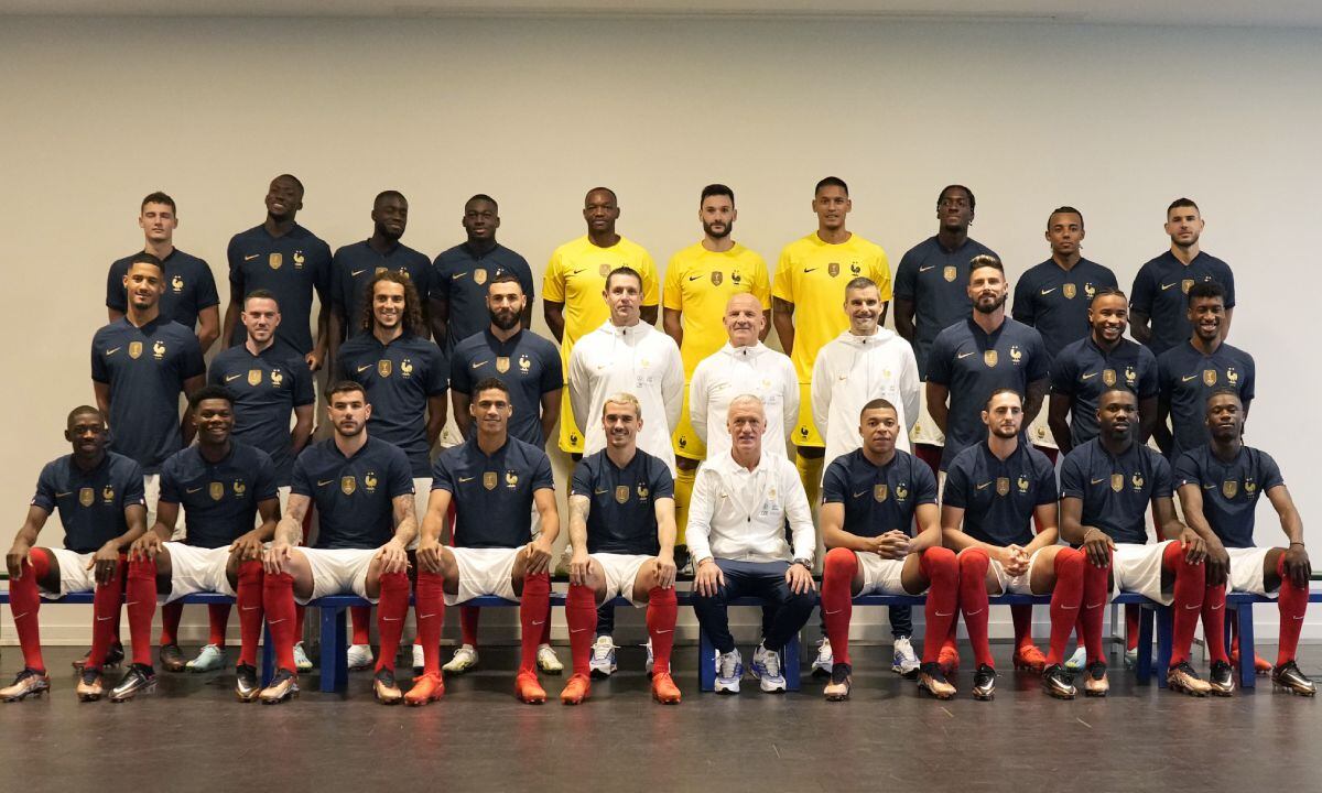 France's soccer team players pose for a team photo group prior to the upcoming World Cup in Qatar, at Clairefontaine training center, south of Paris, Monday, Nov. 14, 2022. Defending champion France opens against Australia on Nov. 22, and the squad will fly to Qatar on Wednesday. (AP/Thibault Camus)