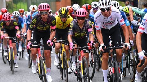 SANTUARIO DI OROPA, ITALY - MAY 05: (L-R) Michael Valgren of Denmark, Esteban Chaves of Colombia and Team EF Education - EasyPost compete during the 107th Giro d'Italia 2024, Stage 2 a 161km stage from San Francesco al Campo to Santuario di Oropa 1136m / #UCIWT / on May 05, 2024 in Santuario di Oropa, Italy. (Photo by Tim de Waele/Getty Images)