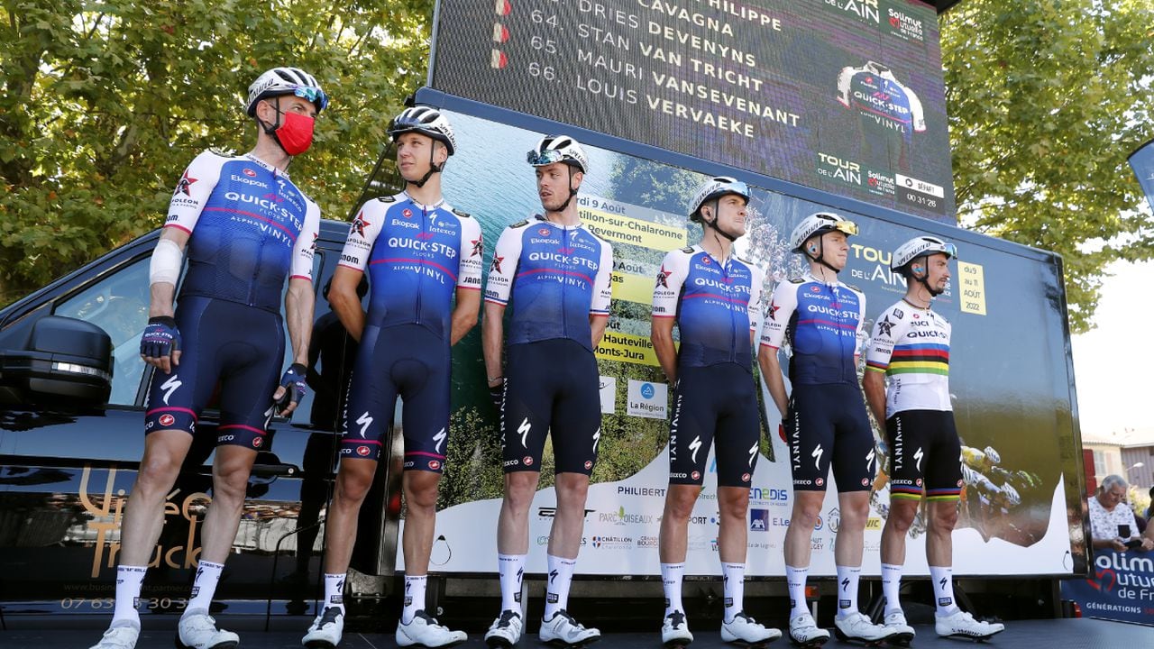 VAL-REVERMONT, FRANCE - AUGUST 09: Julian Alaphilippe of France, Rémi Cavagna of France, Dries Devenyns of Belgium, Stan Van Tricht of Belgium, Mauri Vansevenant of Belgium, Louis Vervaeke of Belgium and Team Quick-Step - Alpha Vinyl during the team presentation prior to the 34th Tour de l'Ain 2022 - Stage 1 a 152km stage from Châtillon-Sur-Chalaronne to Val-Revermont / #TDA22 / on August 09, 2022 in Val-Revermont, France. (Photo by Getty Images/Bas Czerwinski)