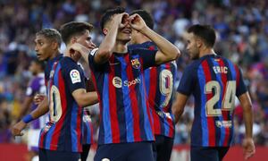 Barcelona's Pedri celebrates after scoring his side's second goal during a Spanish La Liga soccer match between FC Barcelona and Valladolid CF at the Camp Nou stadium in Barcelona, Spain, Sunday, Aug. 28, 2022. (AP Photo/Joan Monfort)
