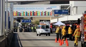 Equipos de emergencia apostados enfrente del aeropuerto de Los Ángeles, tras el tiroteo de este viernes