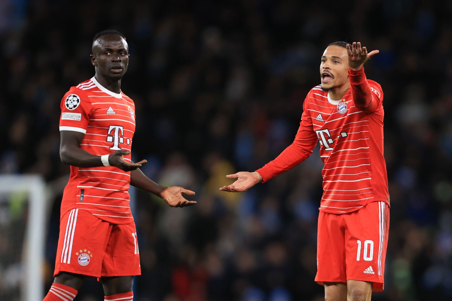 MANCHESTER, ENGLAND - APRIL 11: Leroy Sane of Bayern Munich and Sadio Mane of Bayern Munich moan at each other during the UEFA Champions League quarterfinal first leg match between Manchester City and FC Bayern München at Etihad Stadium on April 11, 2023 in Manchester, United Kingdom. (Photo by Simon Stacpoole/Offside/Offside via Getty Images)