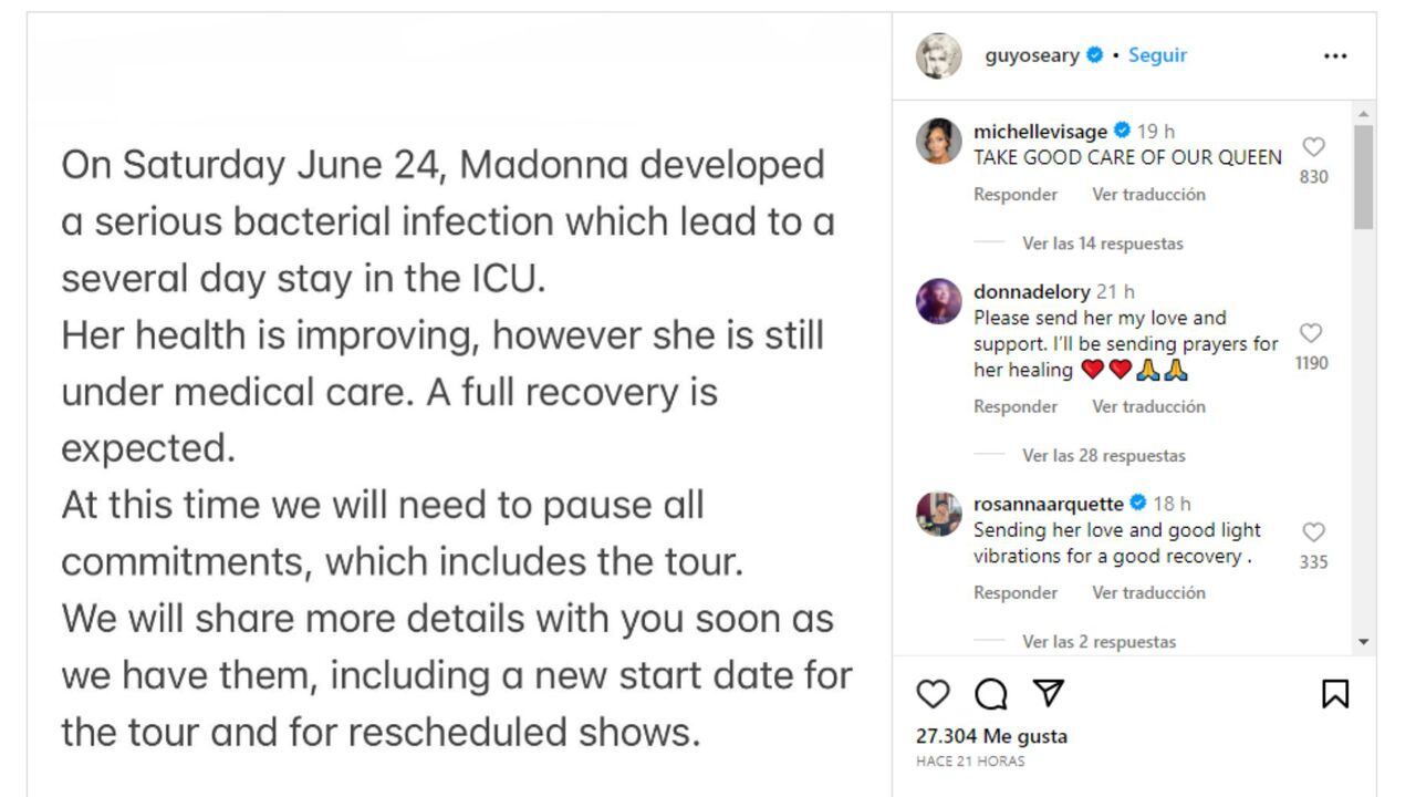 Comunicado emitido por Guy Oseary sobre la salud de Madonna.