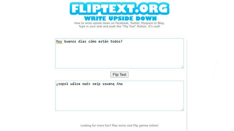El portal Flip Text permite generar textos al 'revés'.