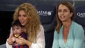 BARCELONA, SPAIN - SEPTEMBER 15:  Shakira, her son Milan Pique and her mother-in-law Montserrat Bernabeu attend the League match between FC Barcelona and Sevilla FC at Camp Nou on September 15, 2013 in Barcelona, Spain.  (Photo by Europa Press/Europa Press via Getty Images)