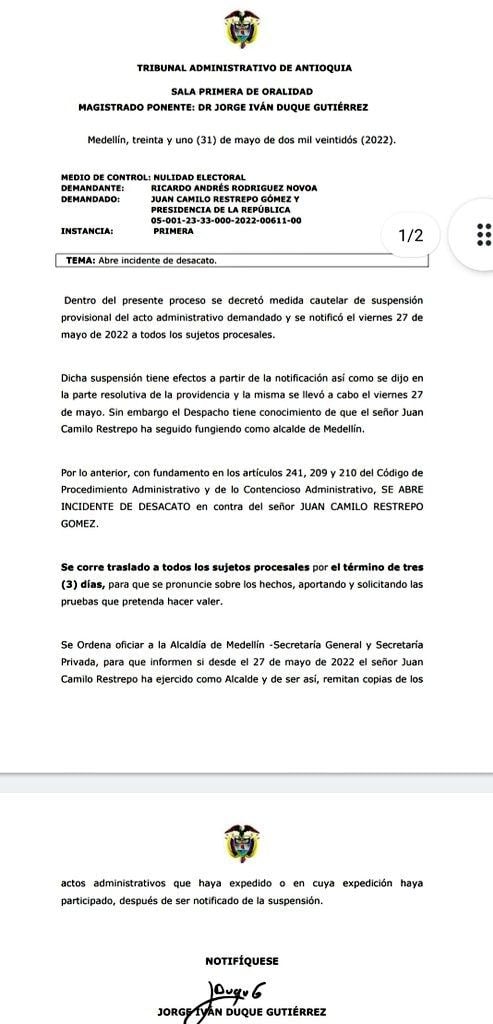Tribunal de Antioquia abrió incidente de desacato contra el alcalde encargado de Medellín.