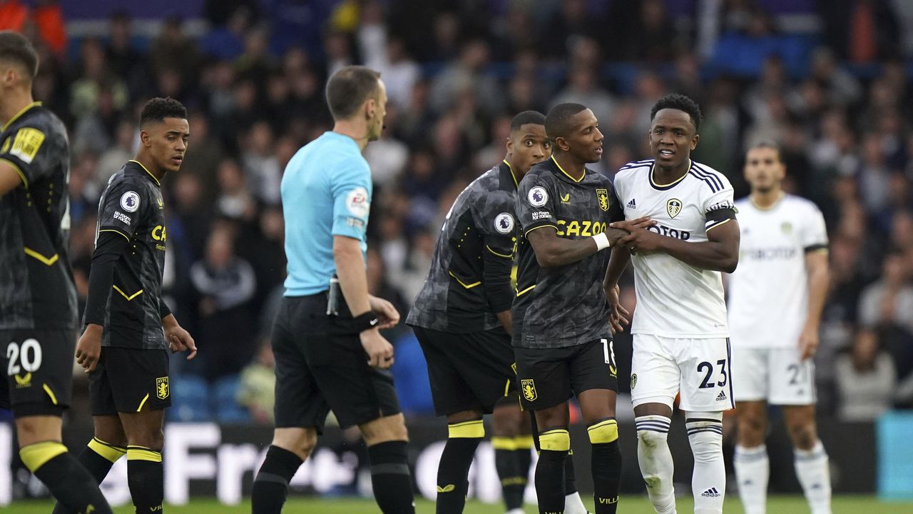 Leeds United's Luis Sinisterra reacts after being shown a second yellow card during the English Premier League soccer match between Aston Villa and Leeds United, at Elland Road, Leeds, England, Sunday Oct. 2, 2022. (Tim Goode/PA via AP)