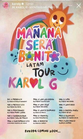 Listado de las ciudades en las que Karol G presentará su gira 'Mañana será bonito'.