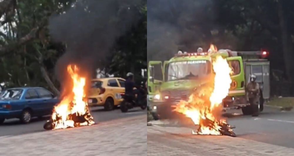 Incineran moto de presuntos ladrones en Medellín.